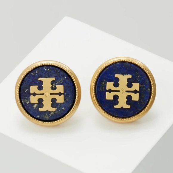NEW Tory Burch Stud Semi-precious Lapis/Vintage Gold Earrings - Picture 8 of 9